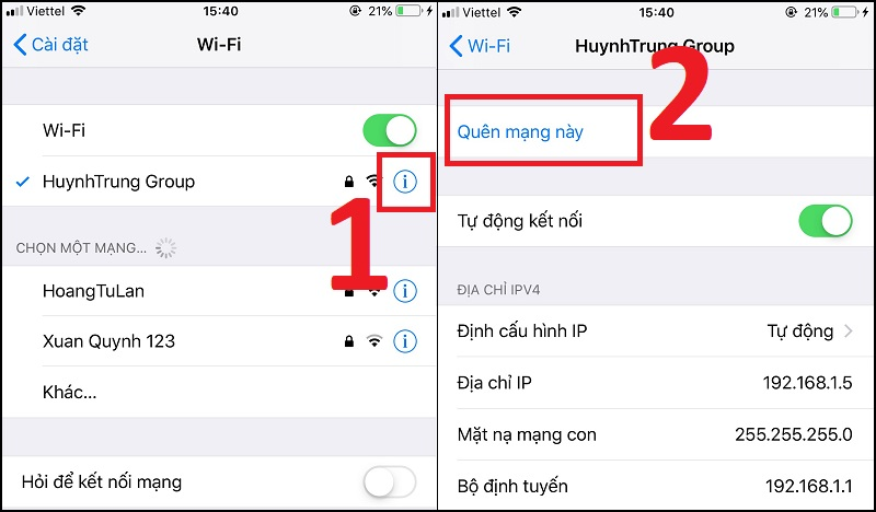 Các bước quên và xóa mạng WiFi trên iPhone